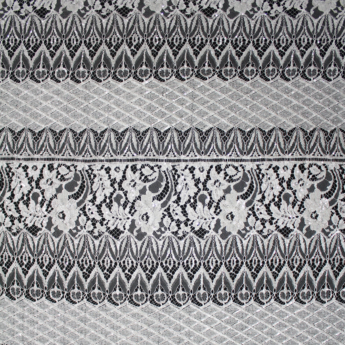 Pizzo Francese Alta Moda | Pizzo Ricamato Sposa con Corallini, Paillettes, Bande Orizzontali Alternate, Motivo Floreale e Doppio Bordo | FRI2765