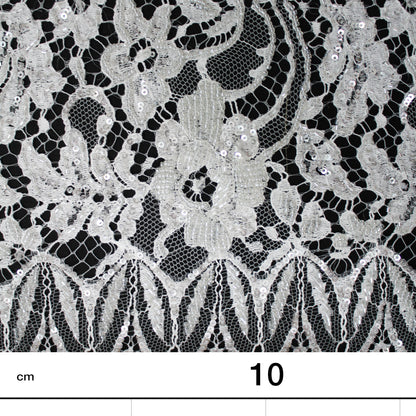 Pizzo Francese Alta Moda | Pizzo Ricamato Sposa con Corallini, Paillettes, Bande Orizzontali Alternate, Motivo Floreale e Doppio Bordo | FRI2765