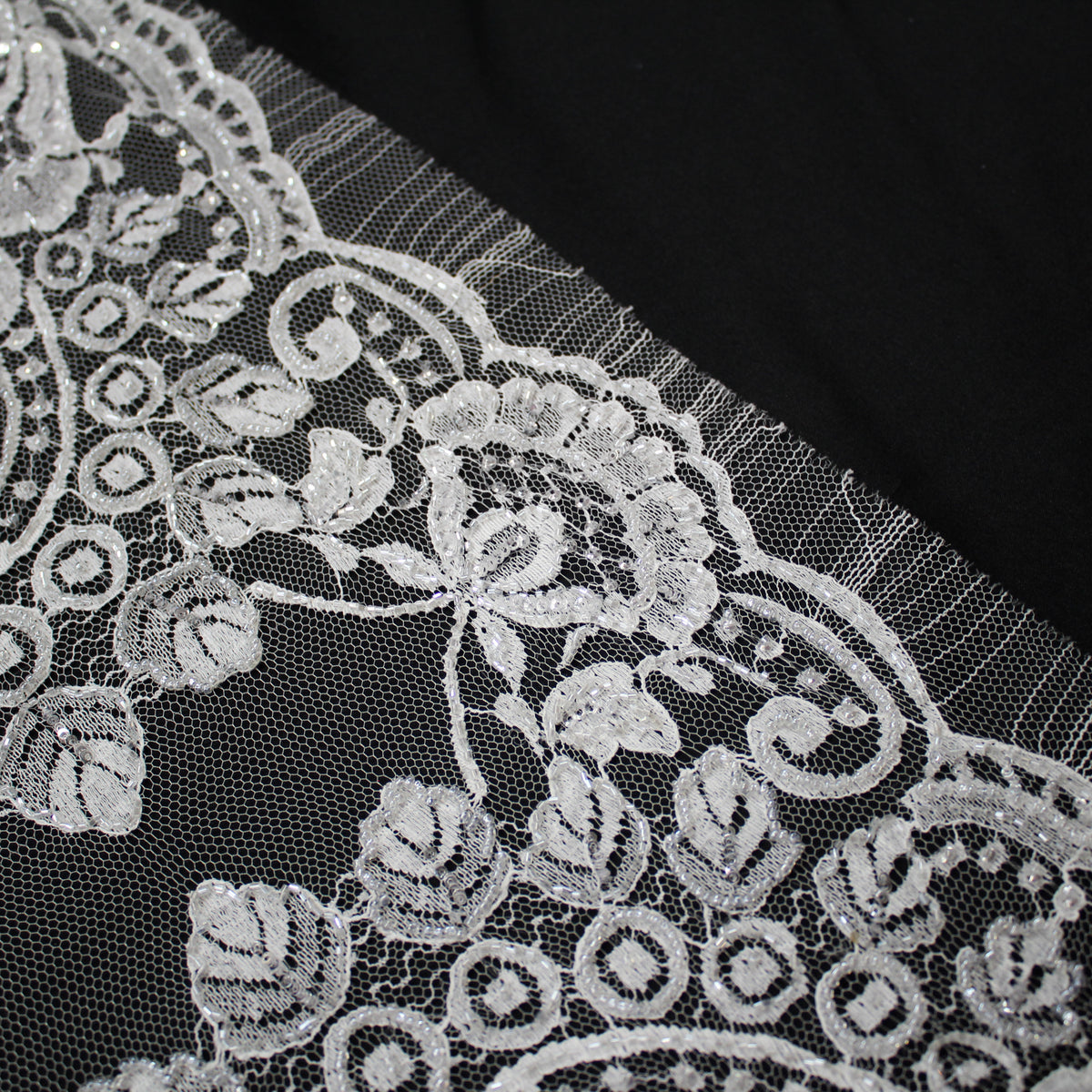 Haute Couture French Lace | Bridal Embroidered Lace with Seed Beads, Sequins, Arabesque Scrolls, Leaf Motifs & Double Border | FRI2220