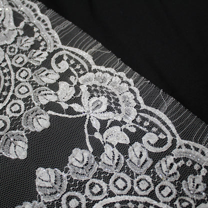 Haute Couture French Lace | Bridal Embroidered Lace with Seed Beads, Sequins, Arabesque Scrolls, Leaf Motifs & Double Border | FRI2220