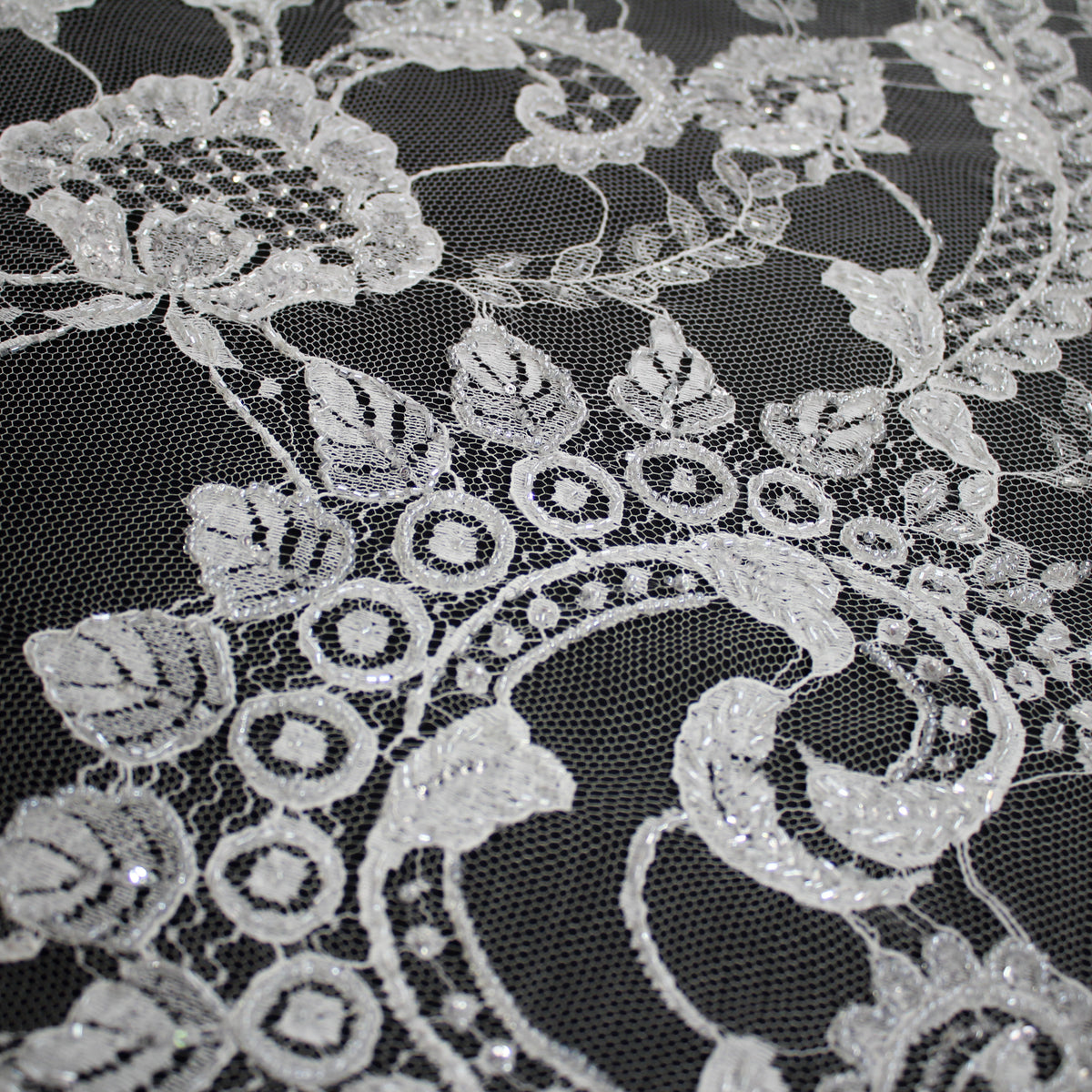 Haute Couture French Lace | Bridal Embroidered Lace with Seed Beads, Sequins, Arabesque Scrolls, Leaf Motifs & Double Border | FRI2220