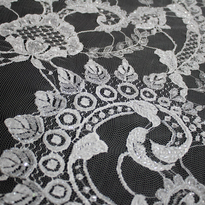 Haute Couture French Lace | Bridal Embroidered Lace with Seed Beads, Sequins, Arabesque Scrolls, Leaf Motifs & Double Border | FRI2220
