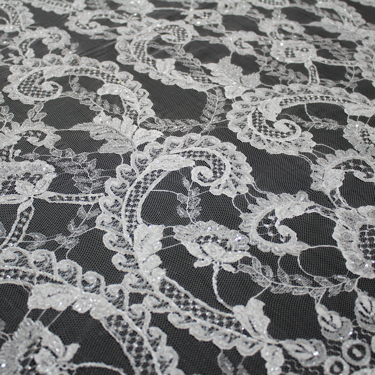 Haute Couture French Lace | Bridal Embroidered Lace with Seed Beads, Sequins, Arabesque Scrolls, Leaf Motifs & Double Border | FRI2220