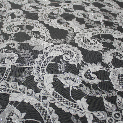Haute Couture French Lace | Bridal Embroidered Lace with Seed Beads, Sequins, Arabesque Scrolls, Leaf Motifs & Double Border | FRI2220