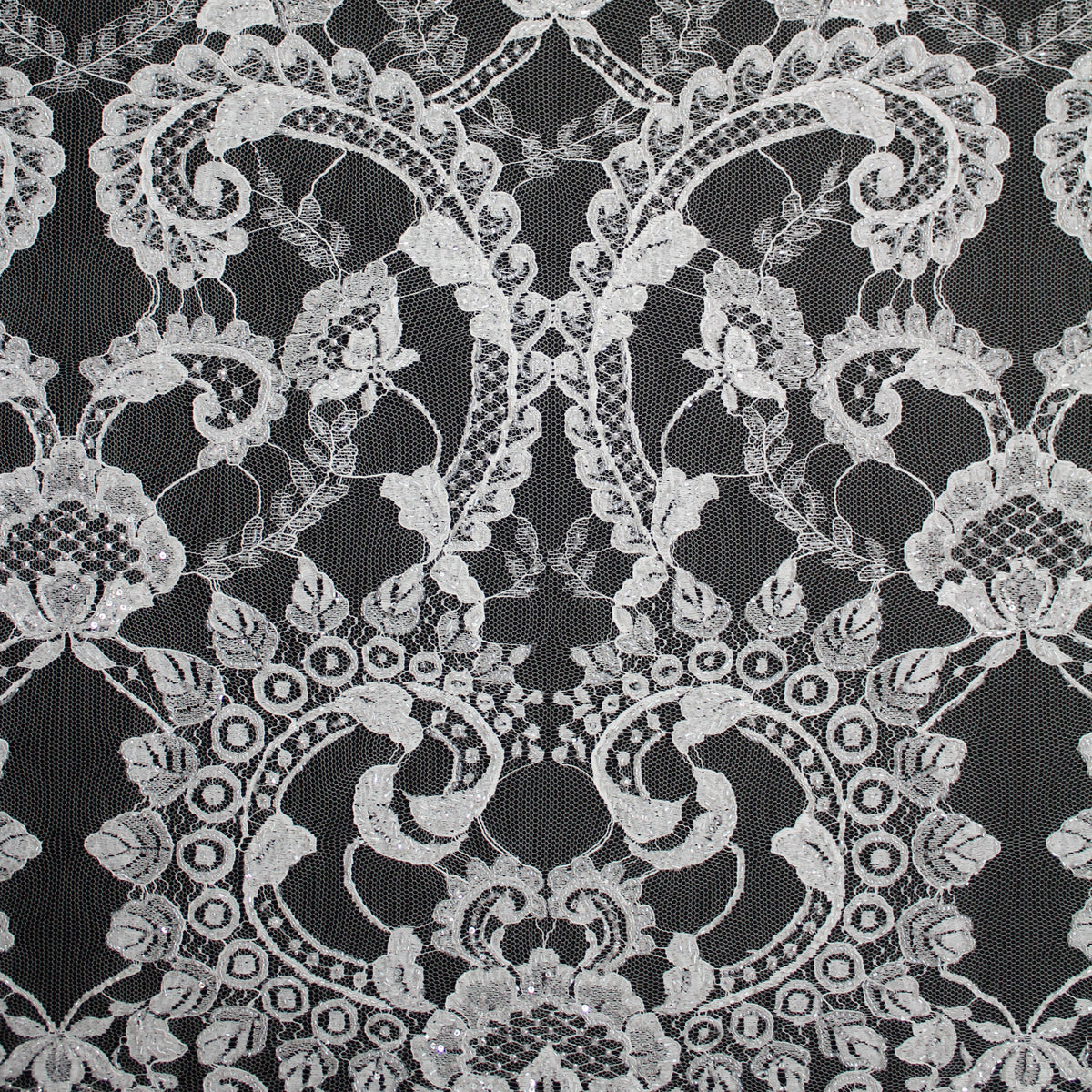 Haute Couture French Lace | Bridal Embroidered Lace with Seed Beads, Sequins, Arabesque Scrolls, Leaf Motifs & Double Border | FRI2220