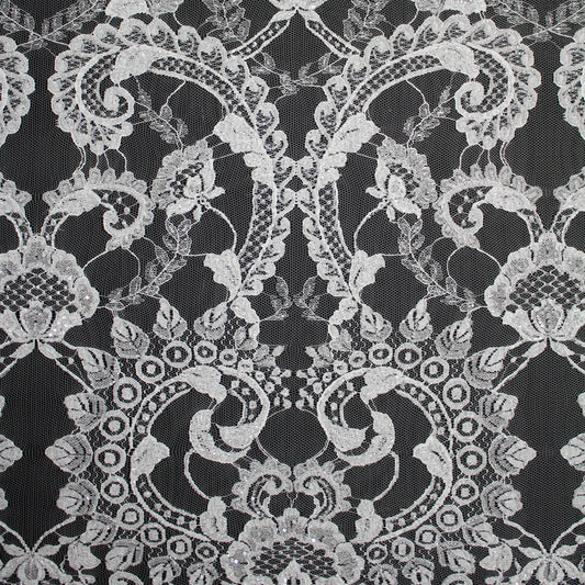 Pizzo Francese Alta Moda | Pizzo Ricamato Sposa con Corallini, Paillettes, Motivo Arabesco, Foglie e Doppio Bordo | FRI2220