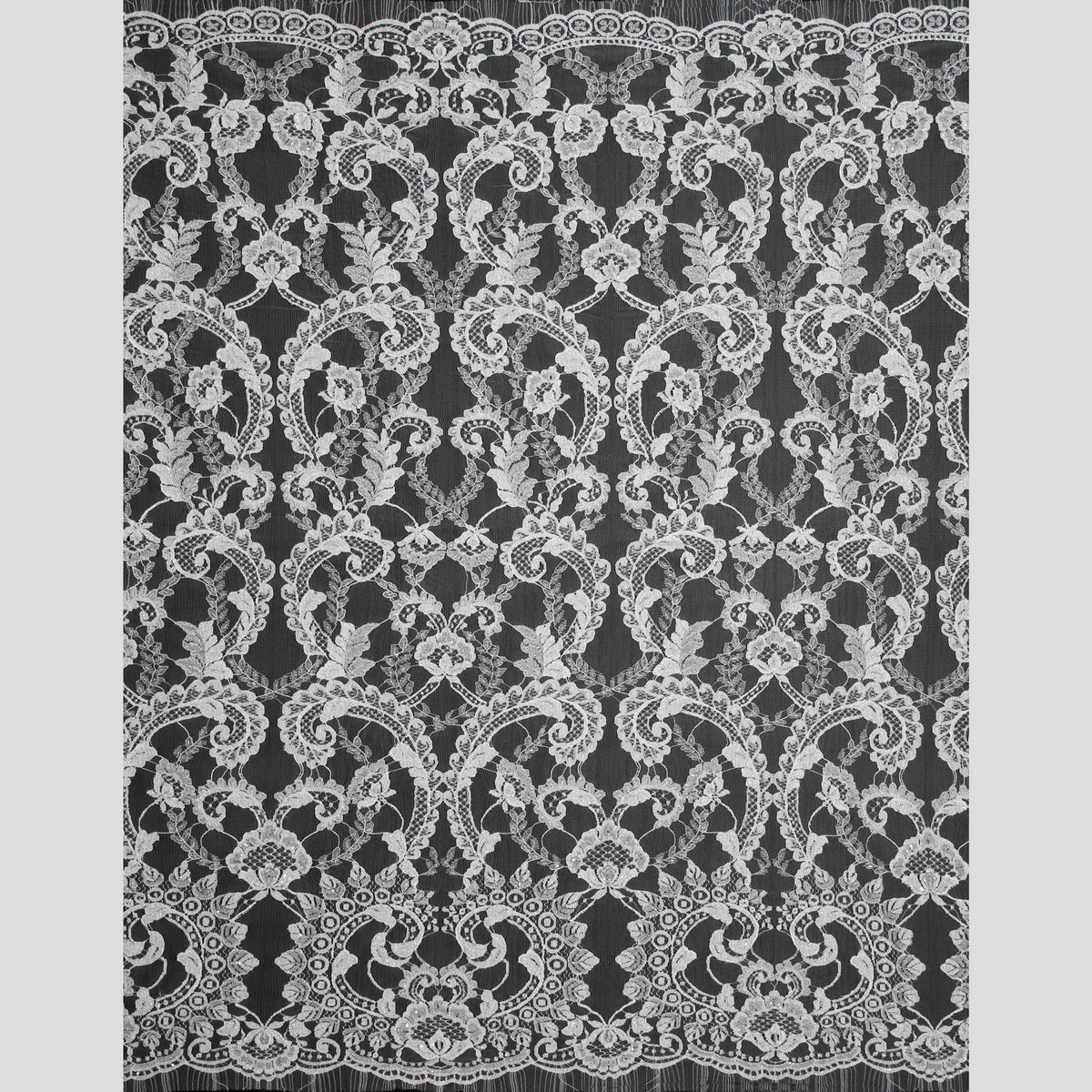 Haute Couture French Lace | Bridal Embroidered Lace with Seed Beads, Sequins, Arabesque Scrolls, Leaf Motifs & Double Border | FRI2220