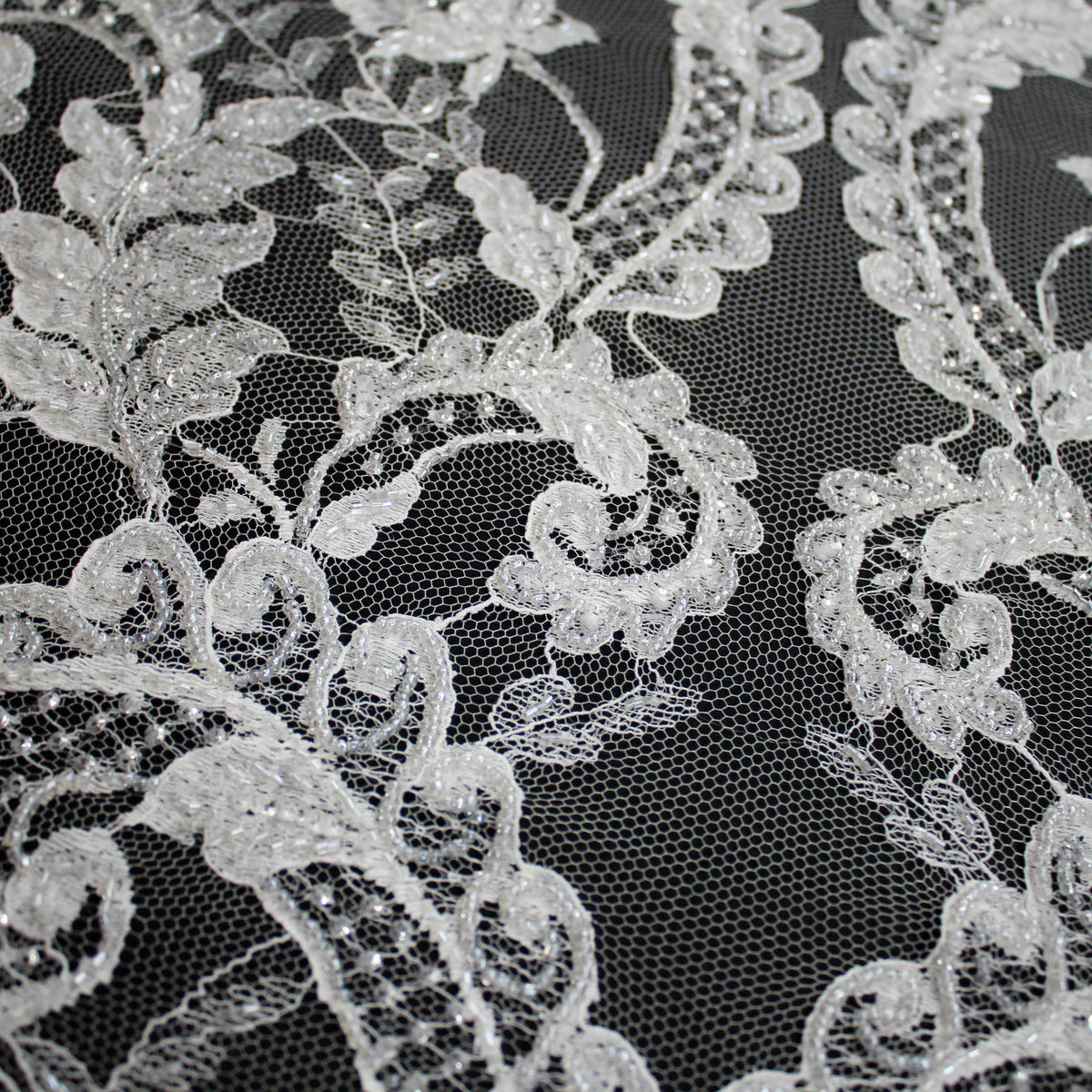 Haute Couture French Lace | Bridal Embroidered Lace with Seed Beads, Sequins, Arabesque Scrolls, Leaf Motifs & Double Border | FRI2220