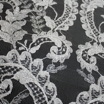 Haute Couture French Lace | Bridal Embroidered Lace with Seed Beads, Sequins, Arabesque Scrolls, Leaf Motifs & Double Border | FRI2220