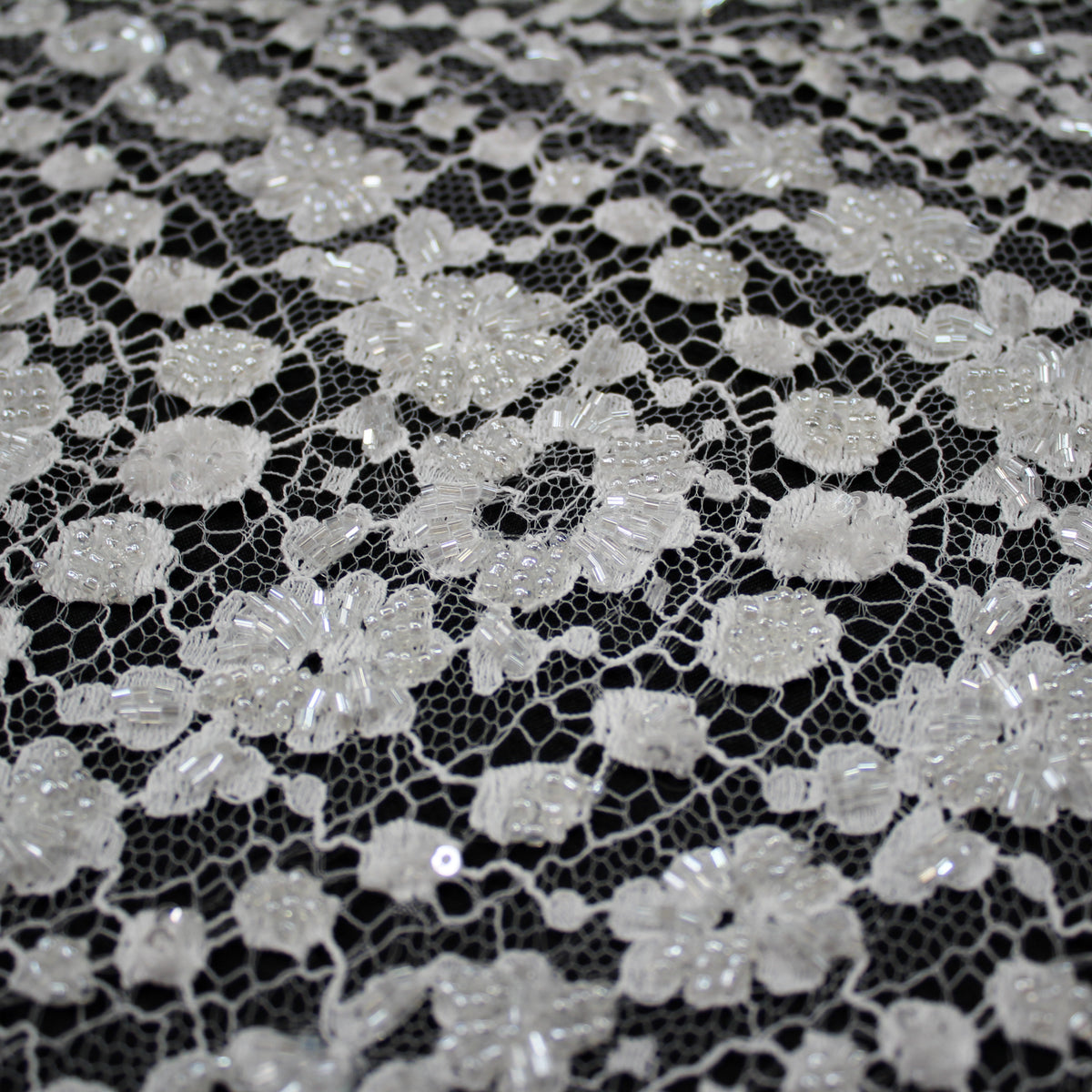 Haute Couture French Lace | Bridal Embroidered Lace with Seed Beads, Sequins, Arched Framework, Floral Motifs & Single Border | FRI2591