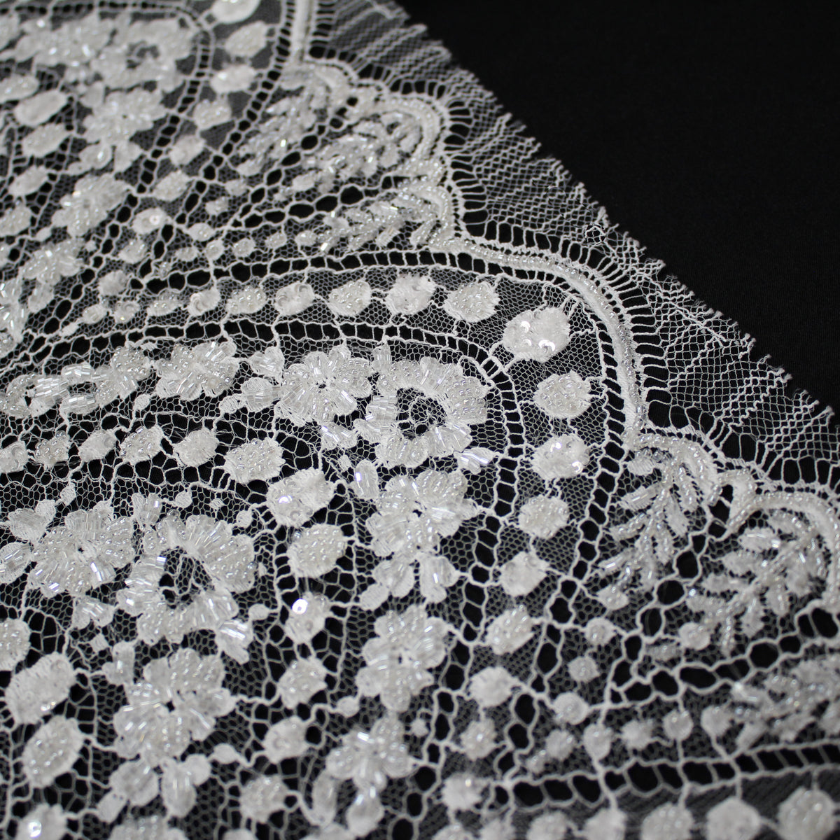 Haute Couture French Lace | Bridal Embroidered Lace with Seed Beads, Sequins, Arched Framework, Floral Motifs & Single Border | FRI2591