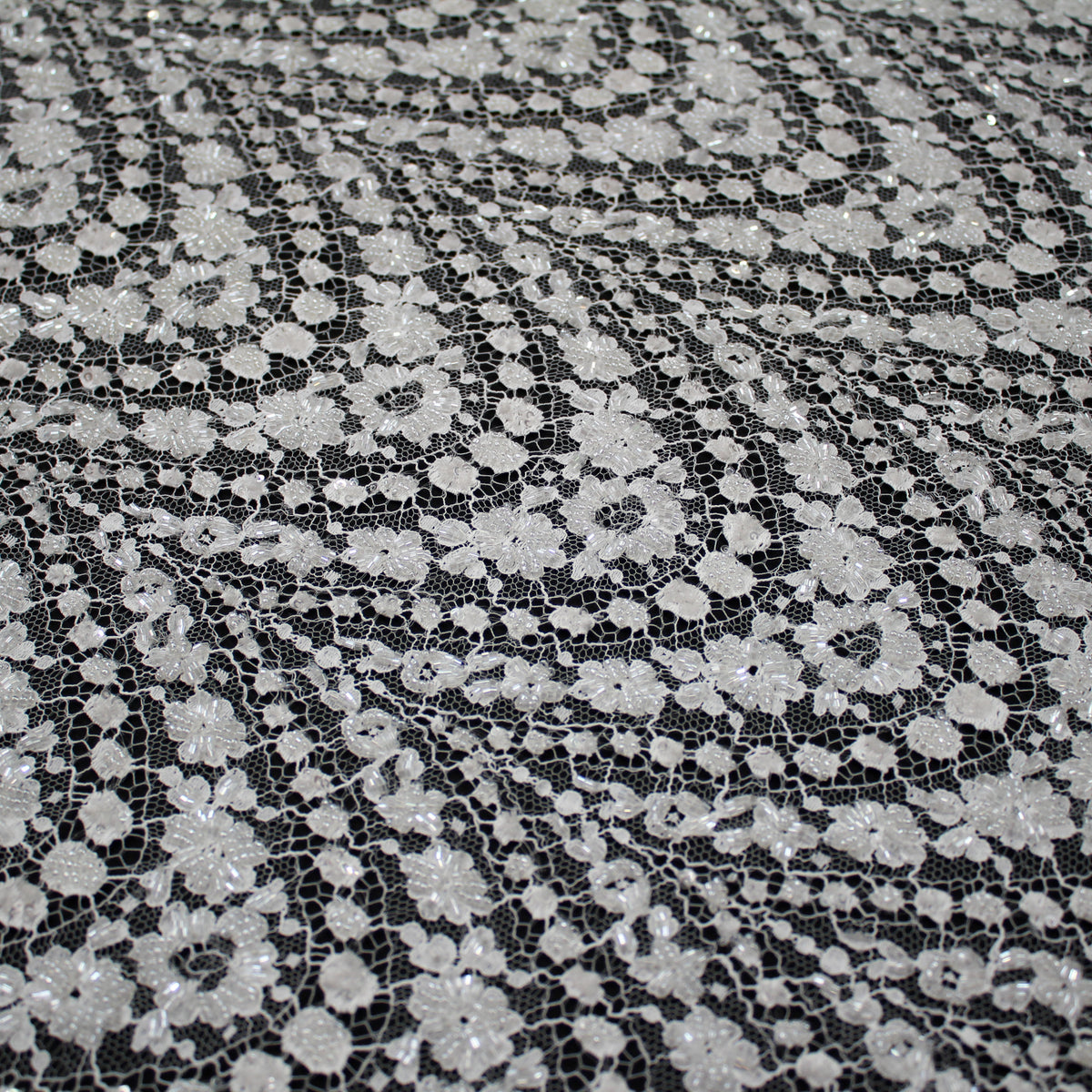 Haute Couture French Lace | Bridal Embroidered Lace with Seed Beads, Sequins, Arched Framework, Floral Motifs & Single Border | FRI2591