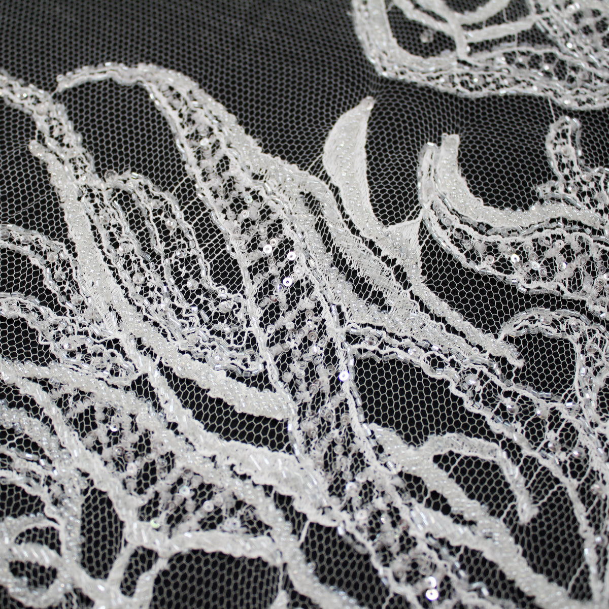 Haute Couture French Lace | Bridal Embroidered Lace with Seed Beads, Sequins, Abstract Flame-Like Lines, Gradient Patterns & Double Border | FRI2757