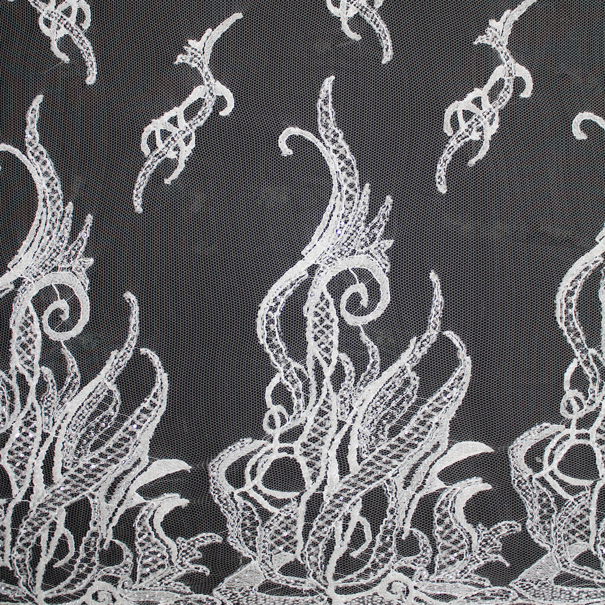 Haute Couture French Lace | Bridal Embroidered Lace with Seed Beads, Sequins, Abstract Flame-Like Lines, Gradient Patterns & Double Border | FRI2757