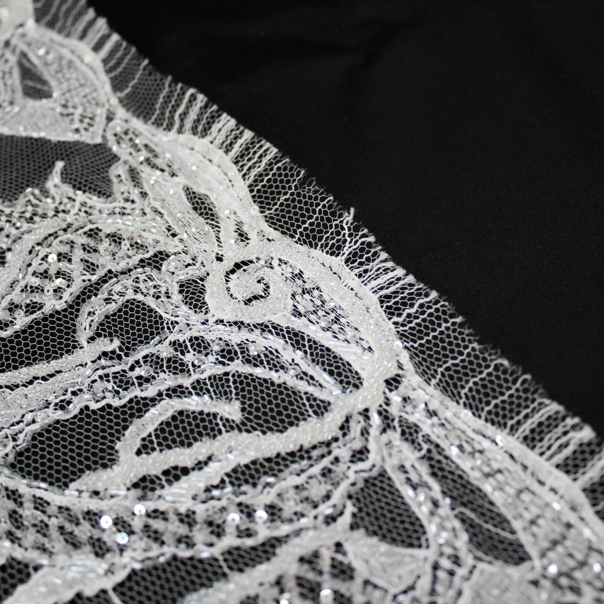 Haute Couture French Lace | Bridal Embroidered Lace with Seed Beads, Sequins, Abstract Flame-Like Lines, Gradient Patterns & Double Border | FRI2757