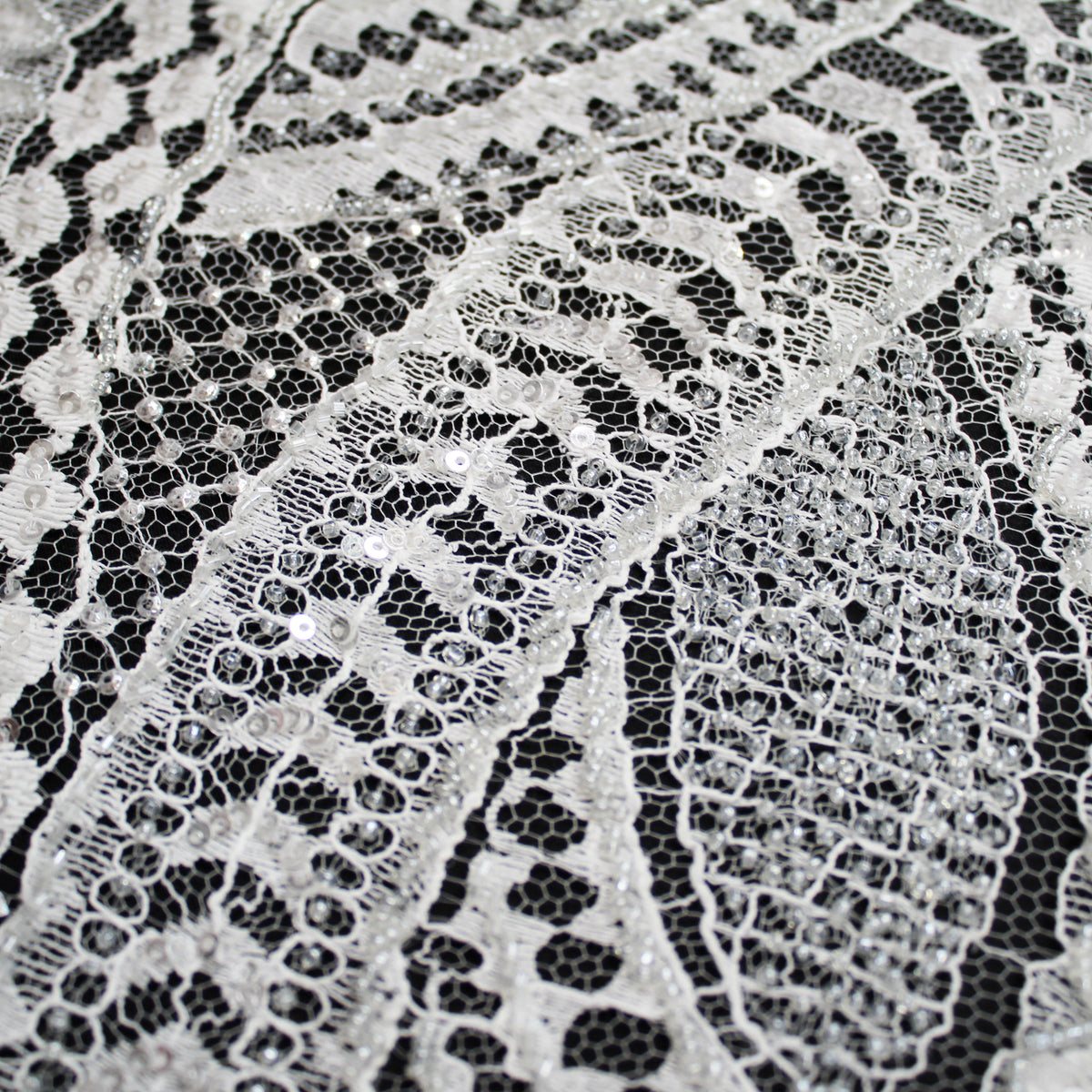 Haute Couture French Lace | Bridal Embroidered Lace with Seed Beads, Sequins, Abstract Snake Pattern, Sinuous Stripes & Double Scallop | FRI2476