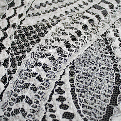 Haute Couture French Lace | Bridal Embroidered Lace with Seed Beads, Sequins, Abstract Snake Pattern, Sinuous Stripes & Double Scallop | FRI2476