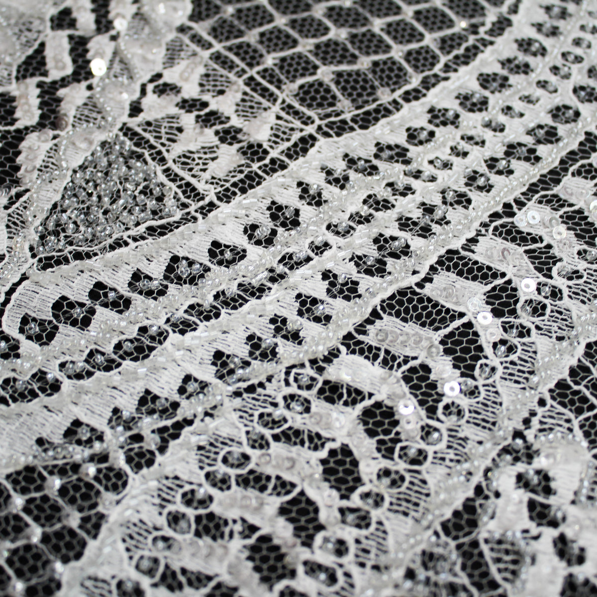 Haute Couture French Lace | Bridal Embroidered Lace with Seed Beads, Sequins, Abstract Snake Pattern, Sinuous Stripes & Double Scallop | FRI2476