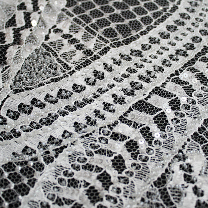 Haute Couture French Lace | Bridal Embroidered Lace with Seed Beads, Sequins, Abstract Snake Pattern, Sinuous Stripes & Double Scallop | FRI2476