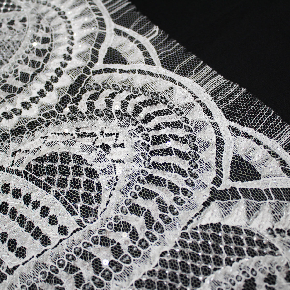 Haute Couture French Lace | Bridal Embroidered Lace with Seed Beads, Sequins, Abstract Snake Pattern, Sinuous Stripes & Double Scallop | FRI2476