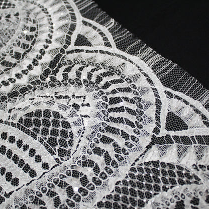 Haute Couture French Lace | Bridal Embroidered Lace with Seed Beads, Sequins, Abstract Snake Pattern, Sinuous Stripes & Double Scallop | FRI2476