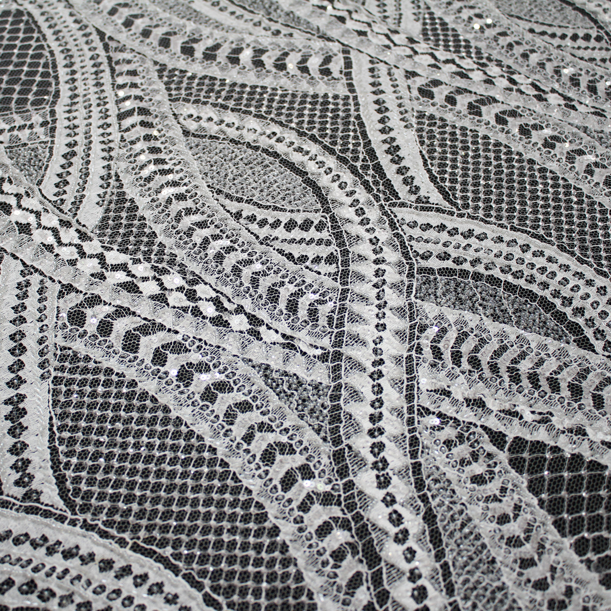 Haute Couture French Lace | Bridal Embroidered Lace with Seed Beads, Sequins, Abstract Snake Pattern, Sinuous Stripes & Double Scallop | FRI2476