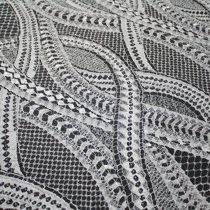 Haute Couture French Lace | Bridal Embroidered Lace with Seed Beads, Sequins, Abstract Snake Pattern, Sinuous Stripes & Double Scallop | FRI2476