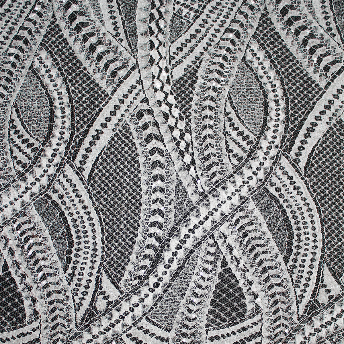 Haute Couture French Lace | Bridal Embroidered Lace with Seed Beads, Sequins, Abstract Snake Pattern, Sinuous Stripes & Double Scallop | FRI2476