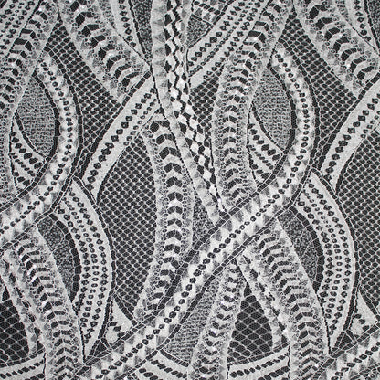 Haute Couture French Lace | Bridal Embroidered Lace with Seed Beads, Sequins, Abstract Snake Pattern, Sinuous Stripes & Double Scallop | FRI2476