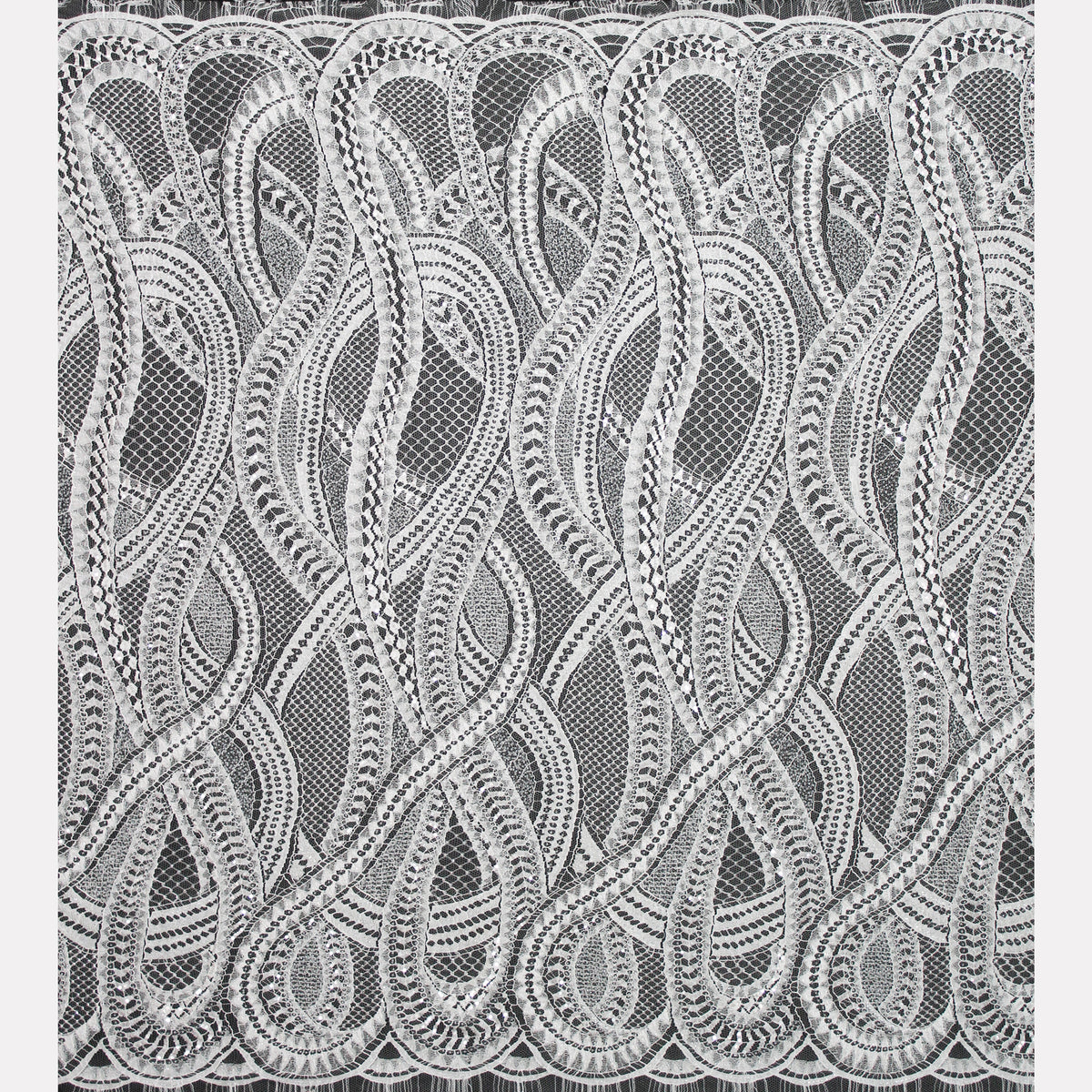 Haute Couture French Lace | Bridal Embroidered Lace with Seed Beads, Sequins, Abstract Snake Pattern, Sinuous Stripes & Double Scallop | FRI2476