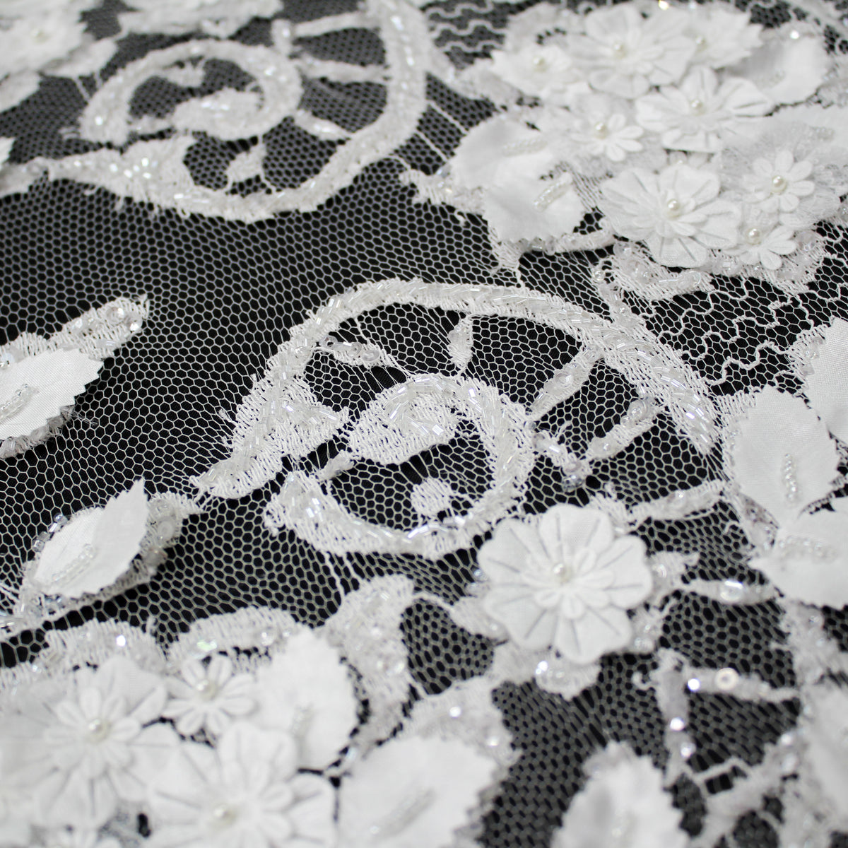 Haute Couture French Lace | Bridal Embroidered Lace with Arabesque Scrolls, 3D Flowers, Pearls, Sequins & Double Scallop | FRI3320