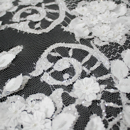 Haute Couture French Lace | Bridal Embroidered Lace with Arabesque Scrolls, 3D Flowers, Pearls, Sequins & Double Scallop | FRI3320