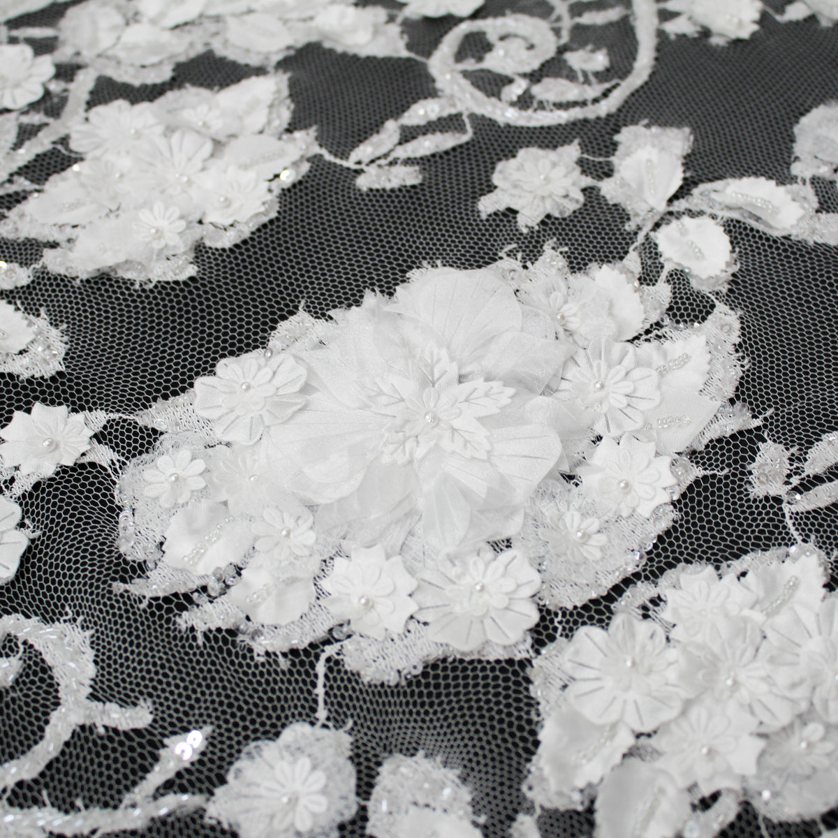Haute Couture French Lace | Bridal Embroidered Lace with Arabesque Scrolls, 3D Flowers, Pearls, Sequins & Double Scallop | FRI3320