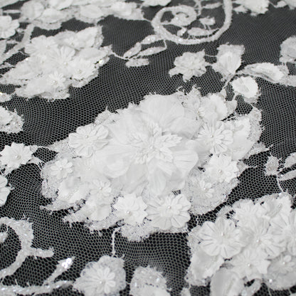 Haute Couture French Lace | Bridal Embroidered Lace with Arabesque Scrolls, 3D Flowers, Pearls, Sequins & Double Scallop | FRI3320