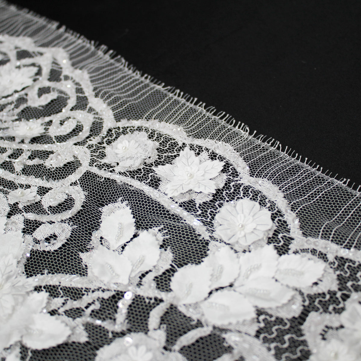 Haute Couture French Lace | Bridal Embroidered Lace with Arabesque Scrolls, 3D Flowers, Pearls, Sequins & Double Scallop | FRI3320