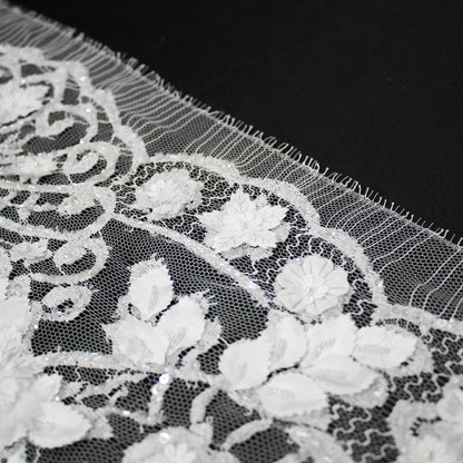 Haute Couture French Lace | Bridal Embroidered Lace with Arabesque Scrolls, 3D Flowers, Pearls, Sequins & Double Scallop | FRI3320