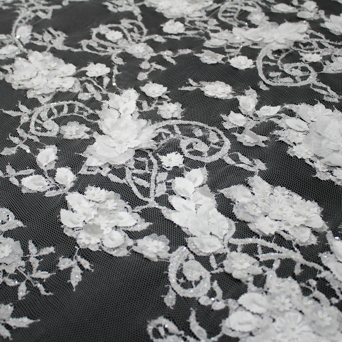 Haute Couture French Lace | Bridal Embroidered Lace with Arabesque Scrolls, 3D Flowers, Pearls, Sequins & Double Scallop | FRI3320