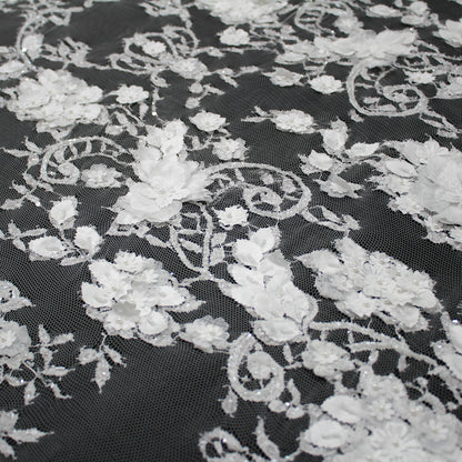 Haute Couture French Lace | Bridal Embroidered Lace with Arabesque Scrolls, 3D Flowers, Pearls, Sequins & Double Scallop | FRI3320