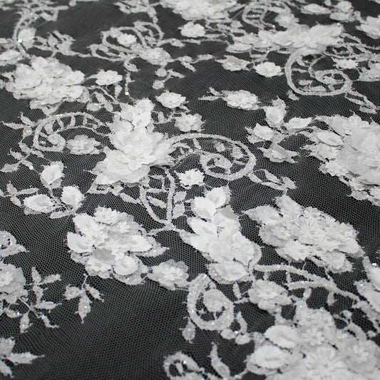 Pizzo Francese Alta Moda | Pizzo Ricamato Sposa con Motivo Arabesco, Fiori 3D, Perline, Paillettes e Doppio Smerlo | FRI3320