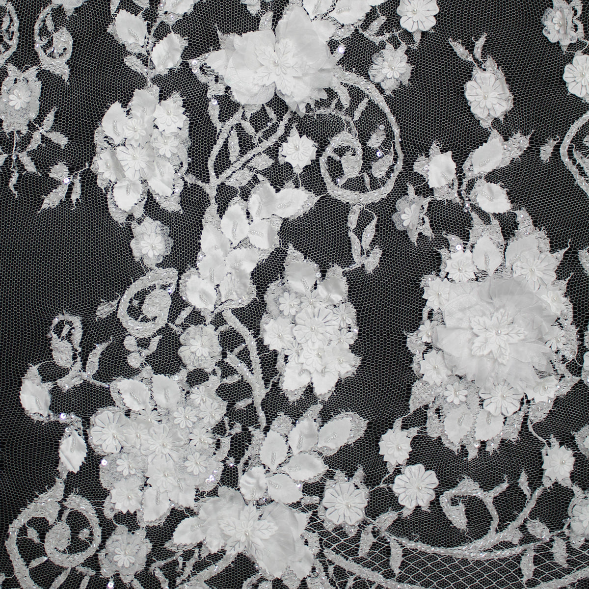 Haute Couture French Lace | Bridal Embroidered Lace with Arabesque Scrolls, 3D Flowers, Pearls, Sequins & Double Scallop | FRI3320