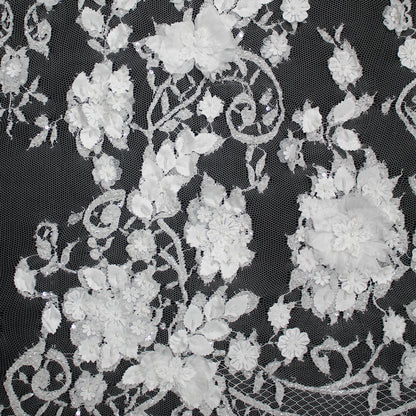 Haute Couture French Lace | Bridal Embroidered Lace with Arabesque Scrolls, 3D Flowers, Pearls, Sequins & Double Scallop | FRI3320