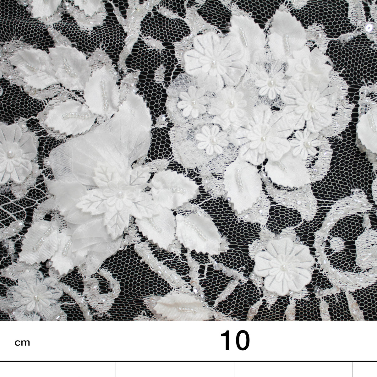 Haute Couture French Lace | Bridal Embroidered Lace with Arabesque Scrolls, 3D Flowers, Pearls, Sequins & Double Scallop | FRI3320