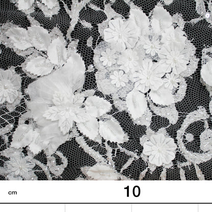 Haute Couture French Lace | Bridal Embroidered Lace with Arabesque Scrolls, 3D Flowers, Pearls, Sequins & Double Scallop | FRI3320