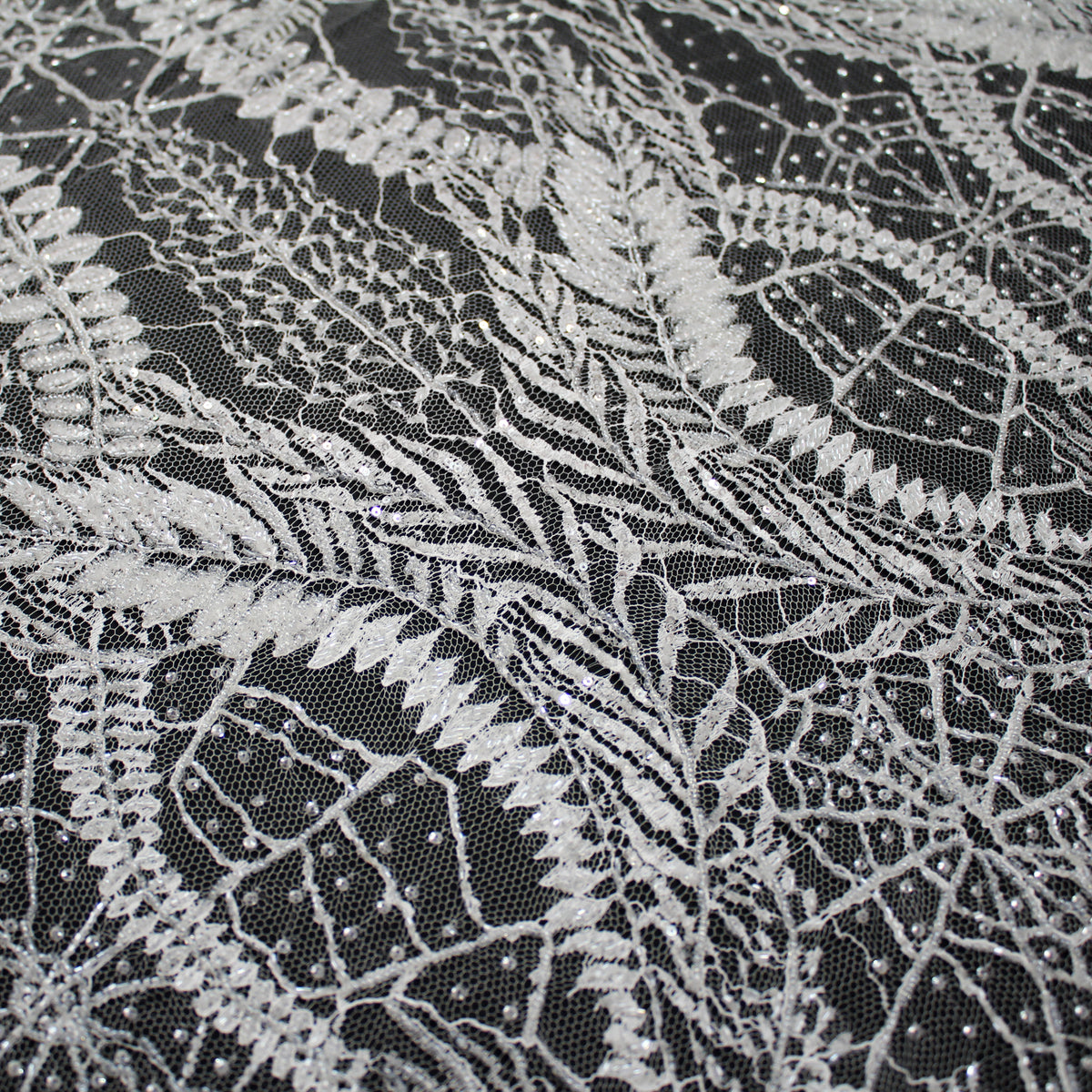 Haute Couture French Lace | Bridal Embroidered Lace with Sequins, Seed Beads, Arabesque Scrolls, Large Arched Leaves & Double Border | FRI2579