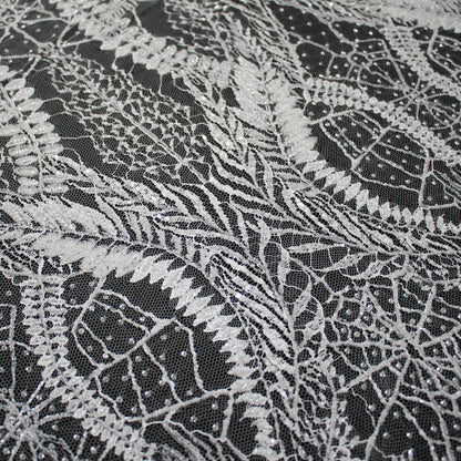 Haute Couture French Lace | Bridal Embroidered Lace with Sequins, Seed Beads, Arabesque Scrolls, Large Arched Leaves & Double Border | FRI2579