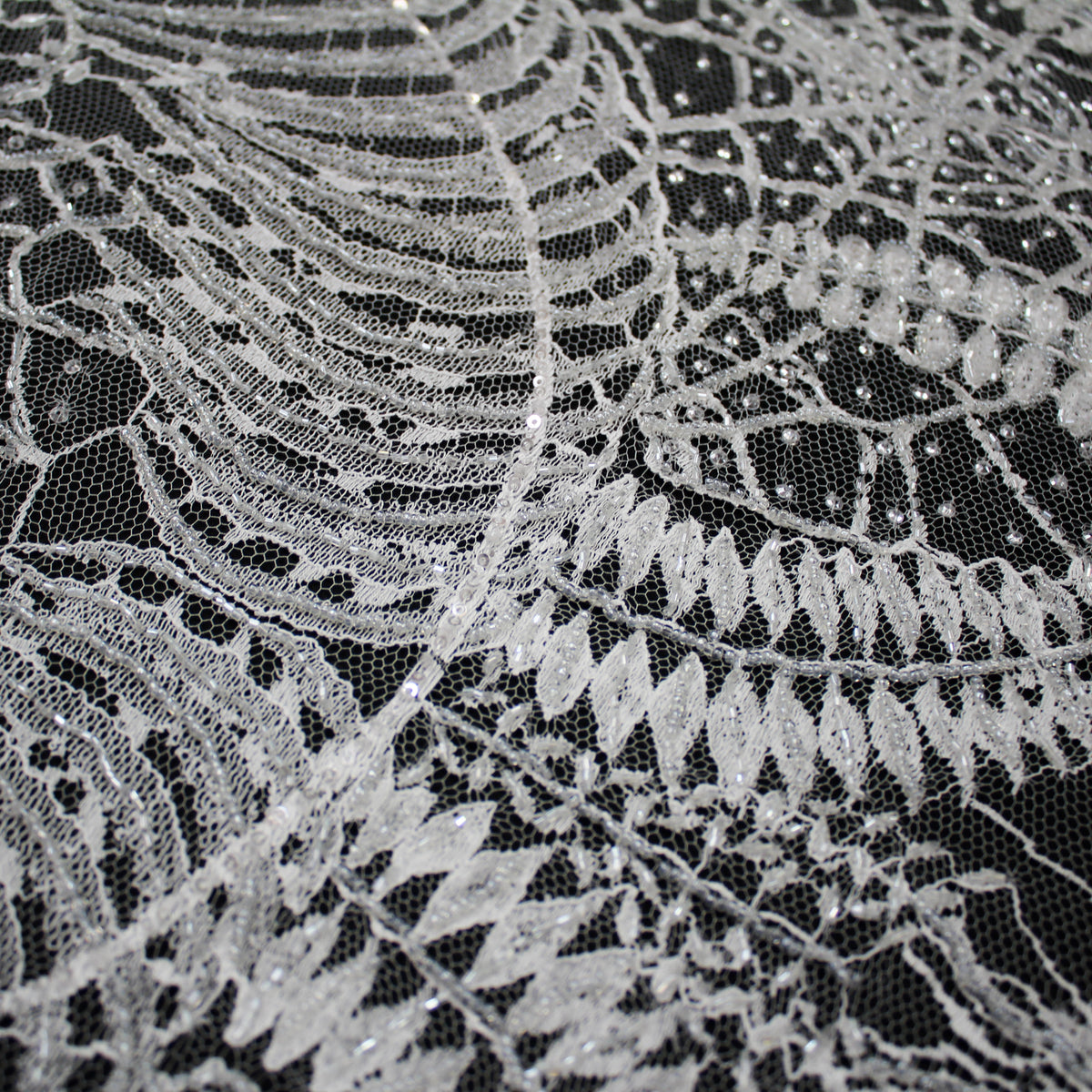 Haute Couture French Lace | Bridal Embroidered Lace with Sequins, Seed Beads, Arabesque Scrolls, Large Arched Leaves & Double Border | FRI2579