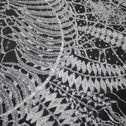 Haute Couture French Lace | Bridal Embroidered Lace with Sequins, Seed Beads, Arabesque Scrolls, Large Arched Leaves & Double Border | FRI2579