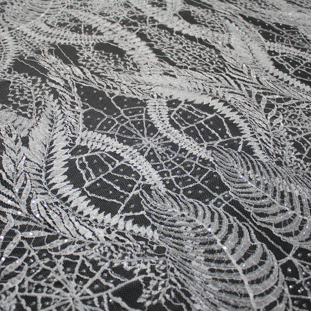 Haute Couture French Lace | Bridal Embroidered Lace with Sequins, Seed Beads, Arabesque Scrolls, Large Arched Leaves & Double Border | FRI2579