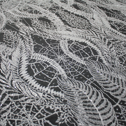 Haute Couture French Lace | Bridal Embroidered Lace with Sequins, Seed Beads, Arabesque Scrolls, Large Arched Leaves & Double Border | FRI2579
