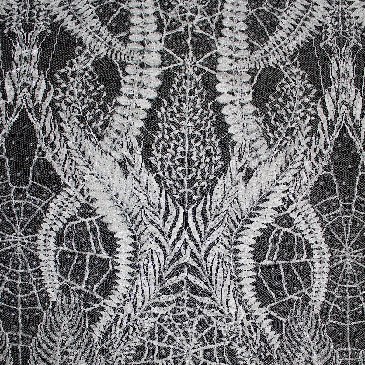 Haute Couture French Lace | Bridal Embroidered Lace with Sequins, Seed Beads, Arabesque Scrolls, Large Arched Leaves & Double Border | FRI2579